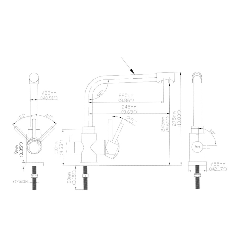 SIZE OF 3 way mixer tap