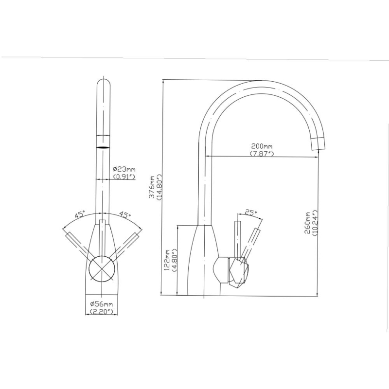 SIZE OF single hole mono mixer kitchen tap